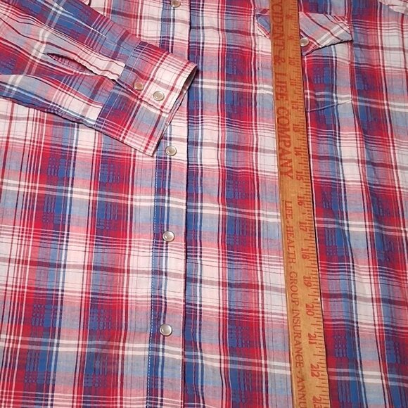 Wrangler Wrancher Shirt Women XL Western Pearl Snap Red Blue Plaid Rodeo Ranch - Picture 10 of 14
